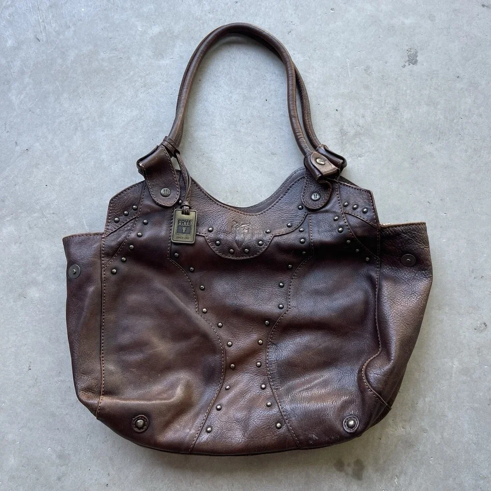 Vintage‎ Frye Brown Genuine Leather Studded Shoulder Bag Western Hobo Purse